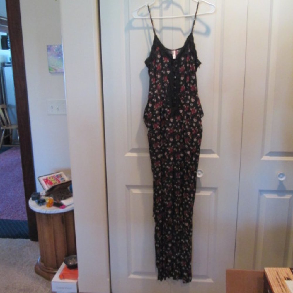 Xhilaration Black Floral Spaghetti Strap Flared Leg Romper Jumpsuit Size S
